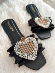 Tulum Pearl Heart Black Sandals