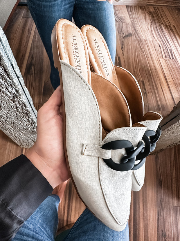Columbia Ice & Black Matte Chain Mules