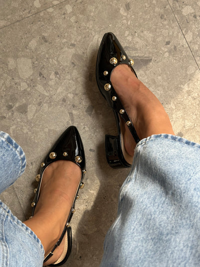 Mia Heels Perlas Oro Tacón mini Negro