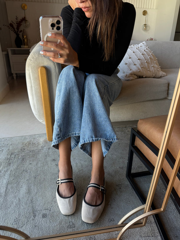 Mary Jane Cream & Black Balerinas