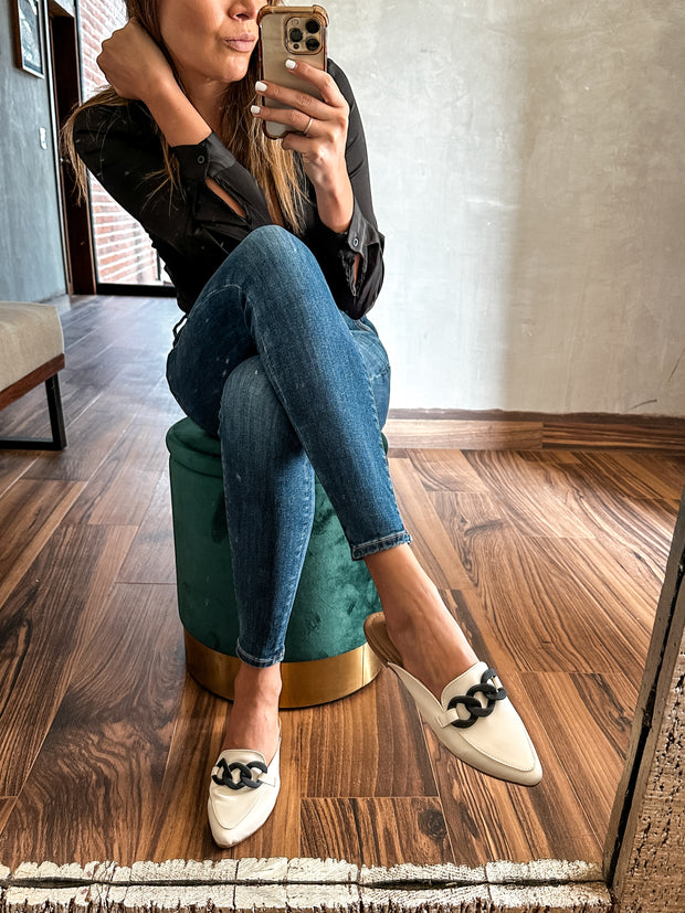 Columbia Ice & Black Matte Chain Mules