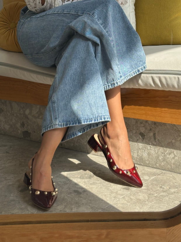 Mia Heels Perlas Oro Tacón mini Vino