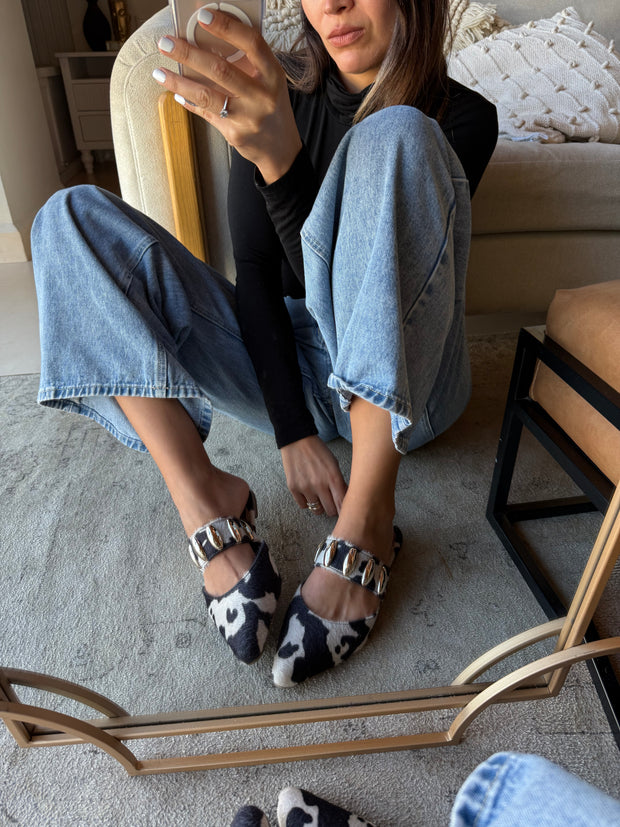 Dakota Cow Print Mules