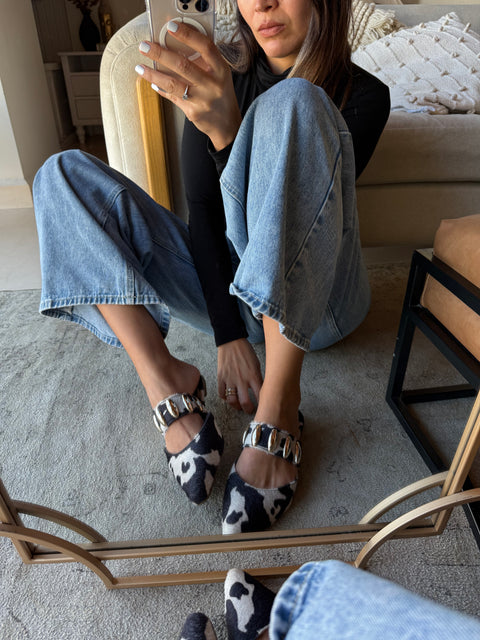 Dakota Cow Print Mules