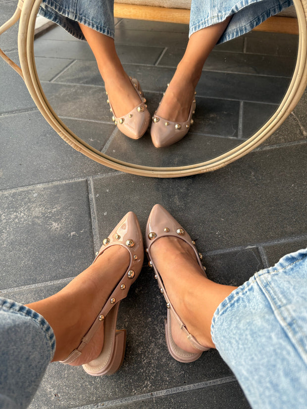 Mia Heels Perlas Oro Tacón mini Nude