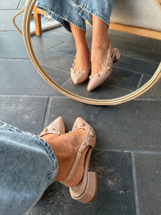 Mia Heels Perlas Oro Tacón mini Nude