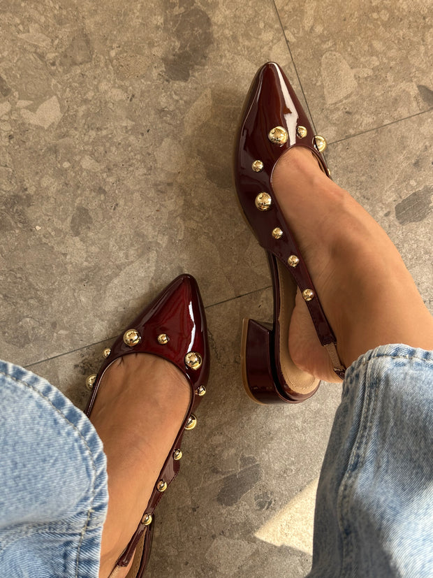 Mia Heels Perlas Oro Tacón mini Vino