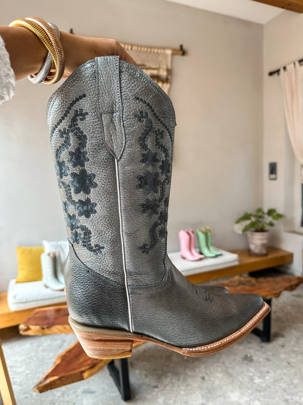 Texas Boots de Piel Plata Menta bordado en Flores