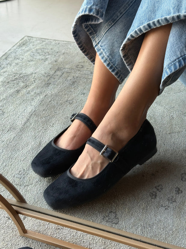 Mary Jane Suede Black Balerinas