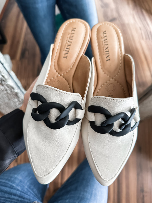 Columbia Ice & Black Matte Chain Mules