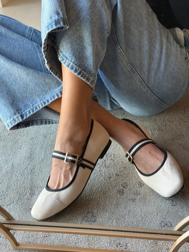 Mary Jane Cream & Black Balerinas