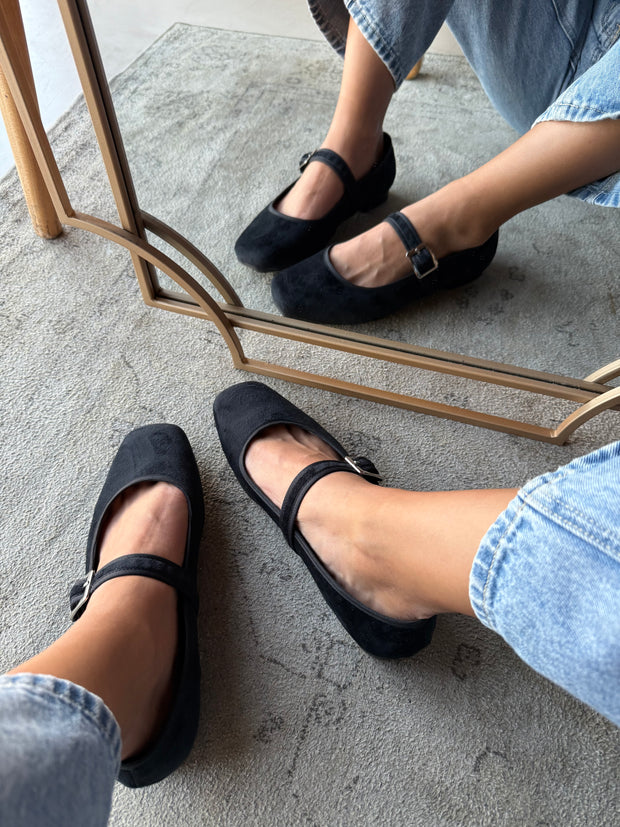 Mary Jane Suede Black Balerinas
