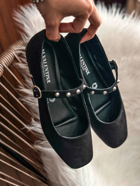 Snow Pearl Strap Black Flats