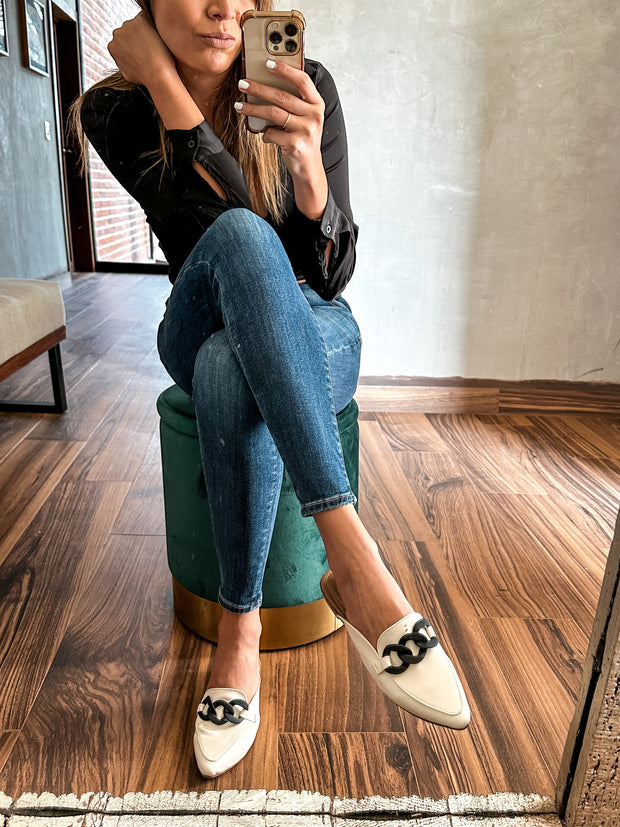 Columbia Ice & Black Matte Chain Mules