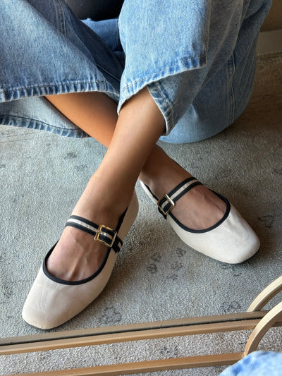 Mary Jane Cream & Black Balerinas