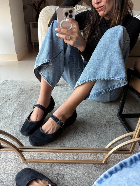 Mary Jane Suede Black Balerinas