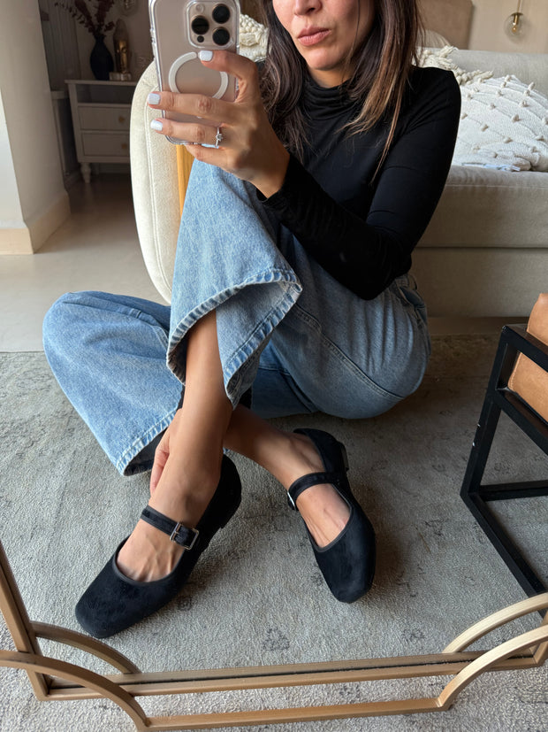 Mary Jane Suede Black Balerinas