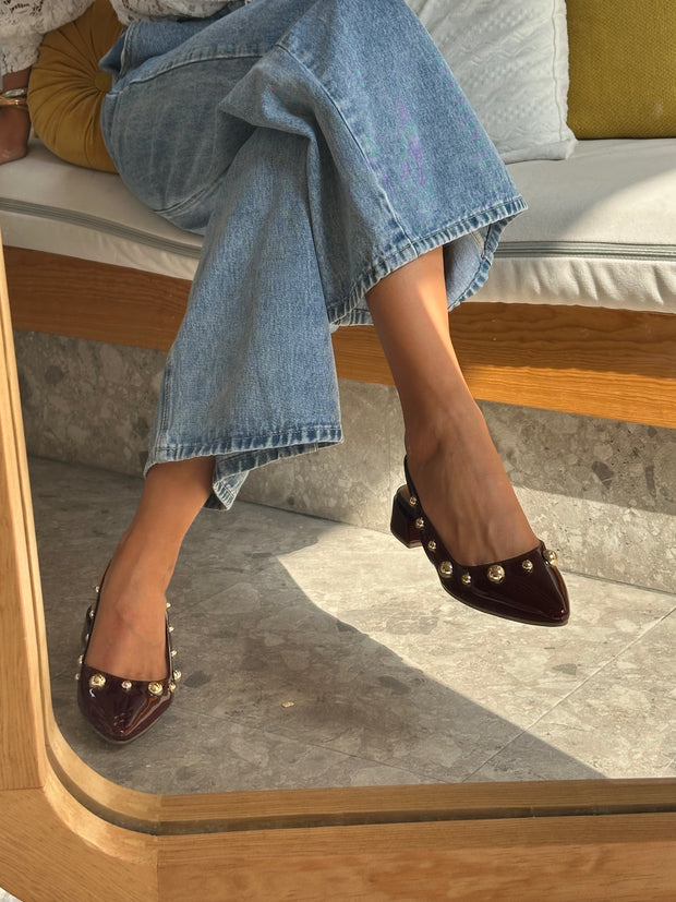Mia Heels Perlas Oro Tacón mini Vino