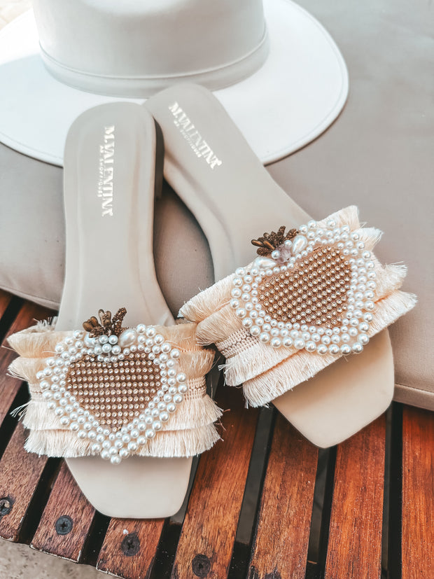 Tulum Pearl Heart Latte Sandals