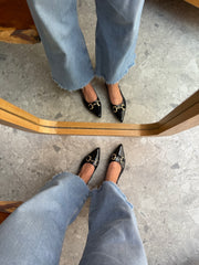 Slingback Flats Negro Charol Hebilla dorada Grande
