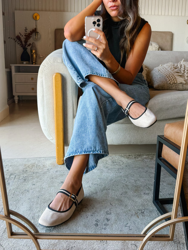 Mary Jane Cream & Black Balerinas