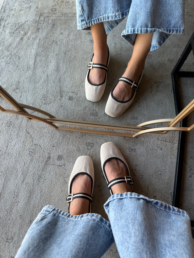 Mary Jane Cream & Black Balerinas