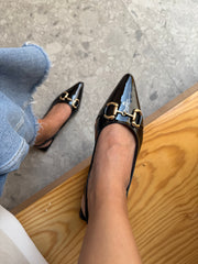 Slingback Flats Negro Charol Hebilla dorada Grande