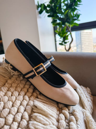 Mary Jane Cream & Black Balerinas