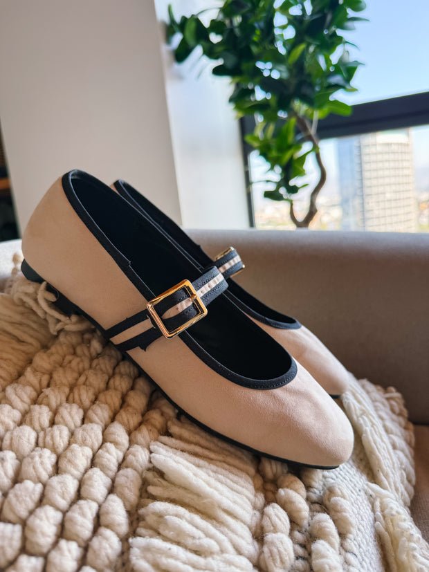 Mary Jane Cream & Black Balerinas