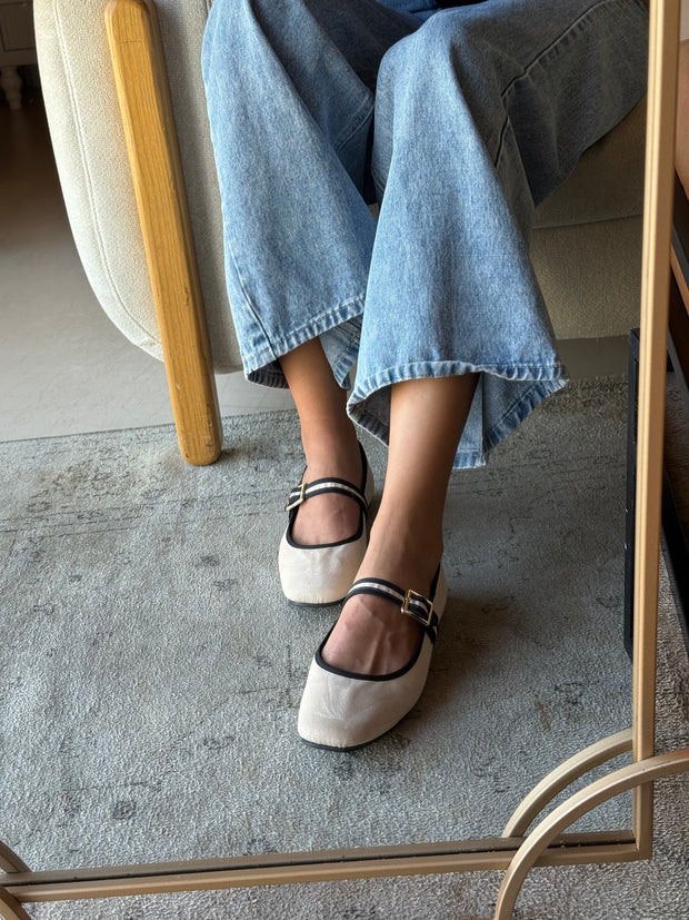 Mary Jane Cream & Black Balerinas