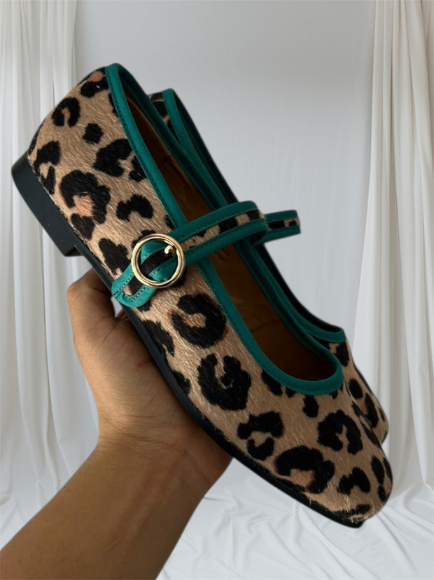 Mary Jane Leopard Contorno verde Balerinas