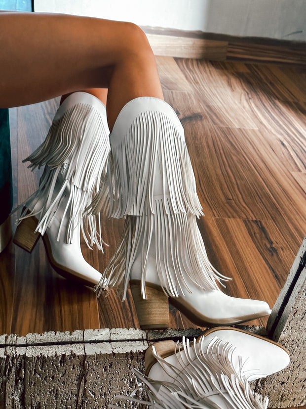 Fringe White Boots