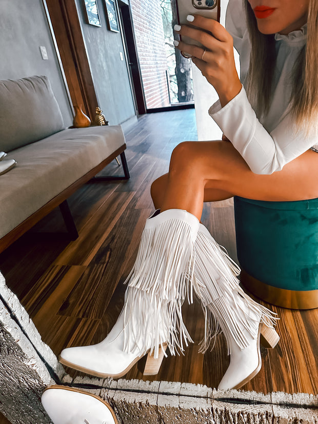 Fringe White Boots