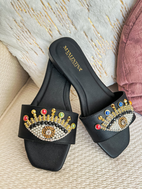 Palm Eye Black Sandals