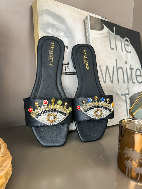 Palm Eye Black Sandals