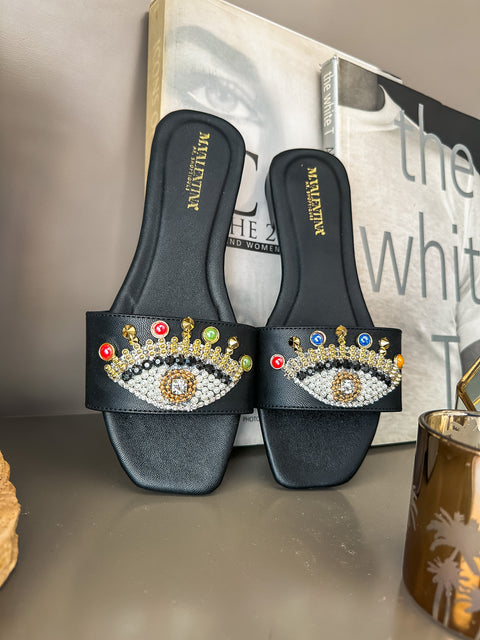 Palm Eye Black Sandals