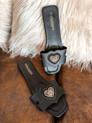 Shiny Heart Black Sandals