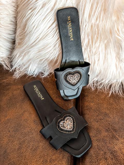 Shiny Heart Black Sandals