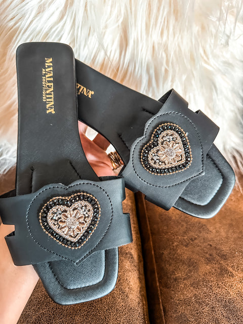 Shiny Heart Black Sandals