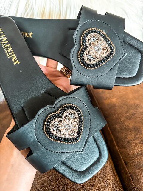 Shiny Heart Black Sandals