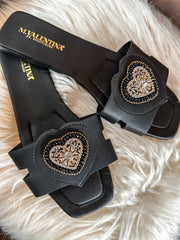 Shiny Heart Black Sandals