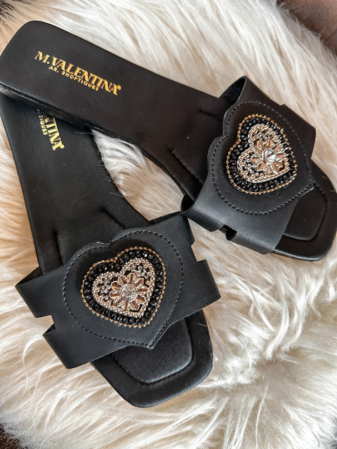 Shiny Heart Black Sandals