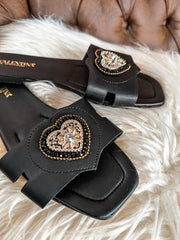 Shiny Heart Black Sandals