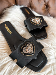 Shiny Heart Black Sandals