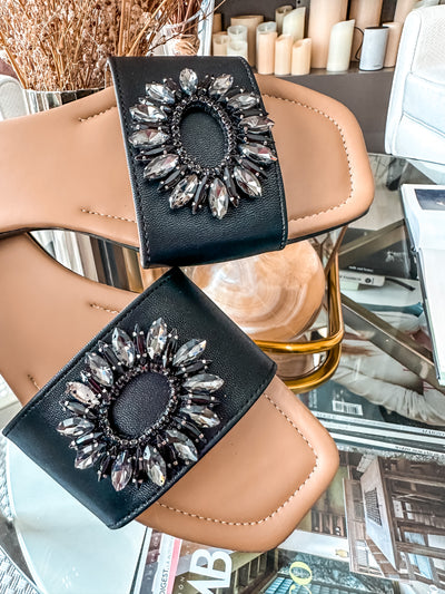 Palm Shiny Circle Black Sandals