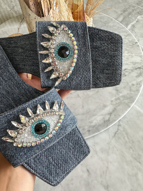 Palm Eye Denim Dark Sandals