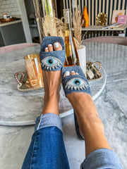Palm Eye Denim Dark Sandals