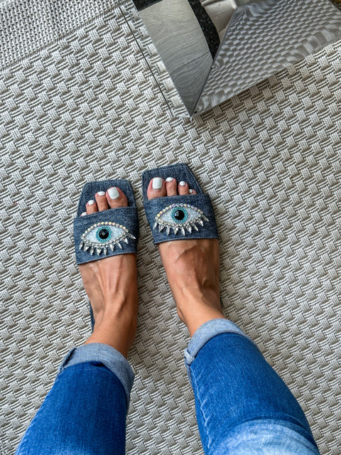 Palm Eye Denim Dark Sandals