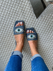 Palm Eye Denim Dark Sandals