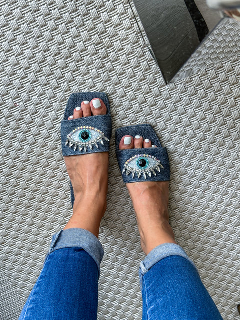 Palm Eye Denim Dark Sandals